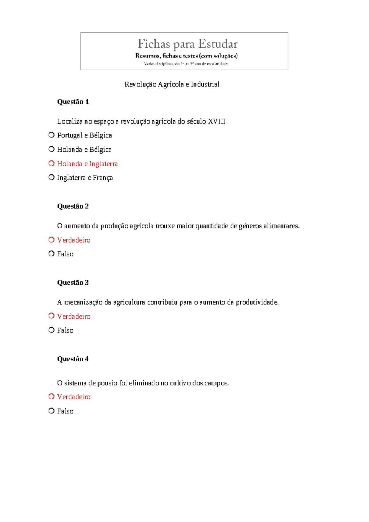 Teste História 8º Ano: Revolução Agrícola e Industrial - Soluções - Document Preview