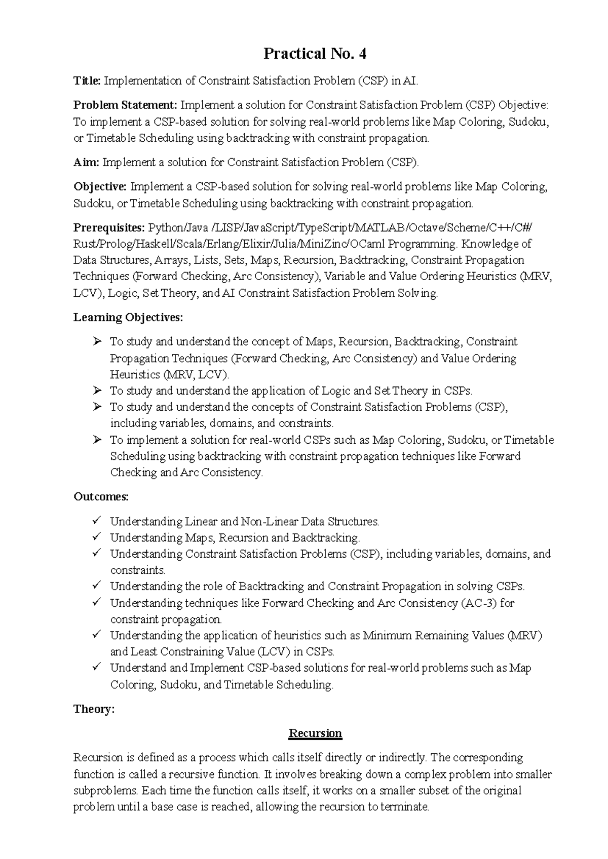 Practical No. 4: Implementing Constraint Satisfaction Problems (CSP) in ...
