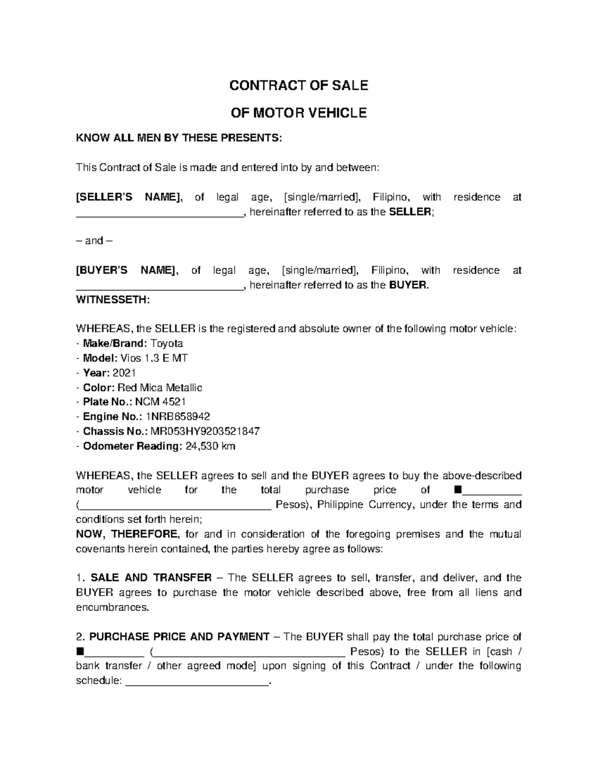 Contract of Sale of Motor Vehicle - Toyota Vios 2021 - Studocu