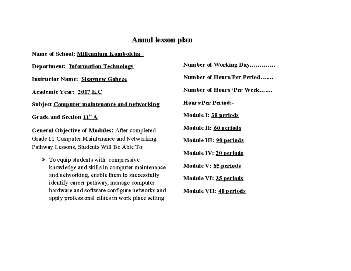 Annual Lesson Plan for Computer Maintenance & Networking (IT 11) - Studocu