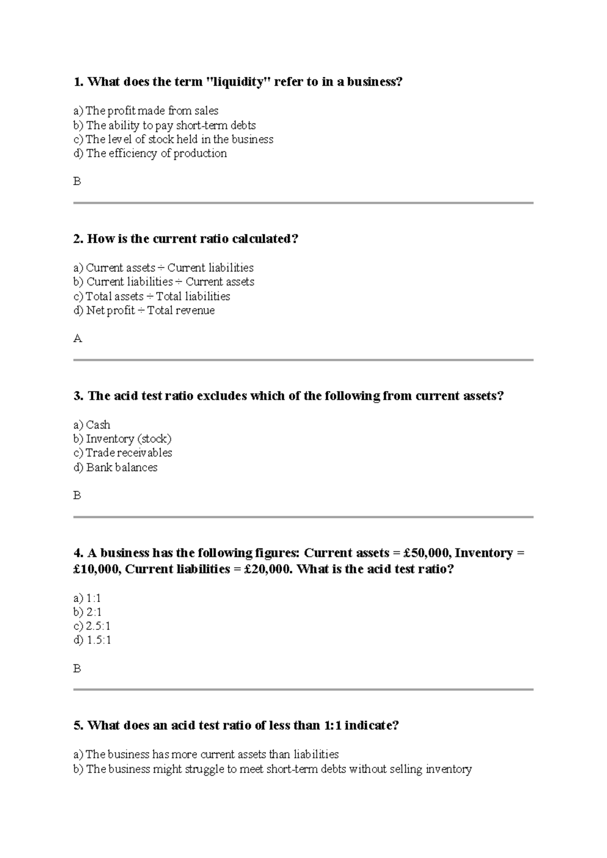 Liquidity and Acid Test Ratio Quiz Questions and Answers - Studocu