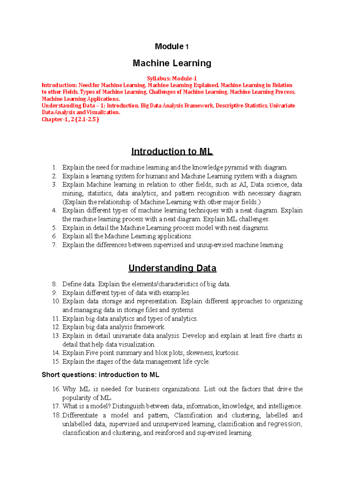 ML assignment questions: Module 1 and 2 syllabus overview and concepts ...
