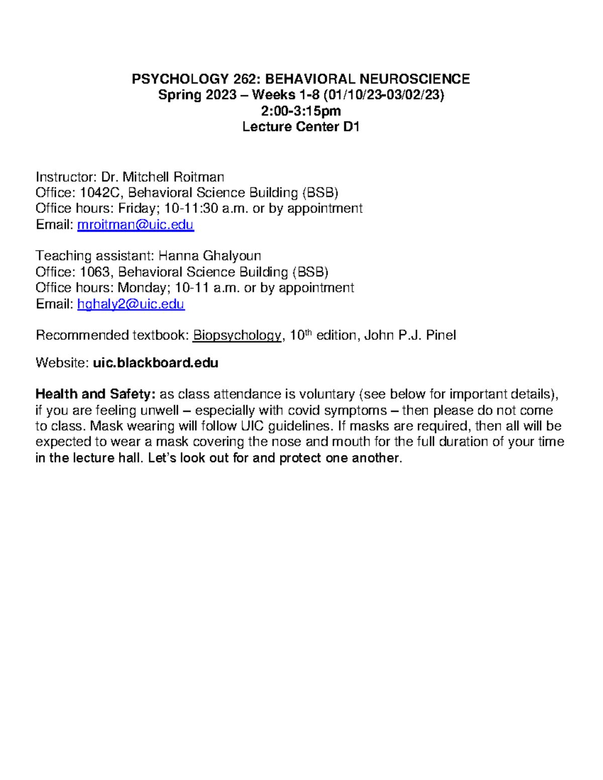 PSCH 262: Spring 2023 Behavioral Neuroscience Syllabus (Weeks 1-8 ...