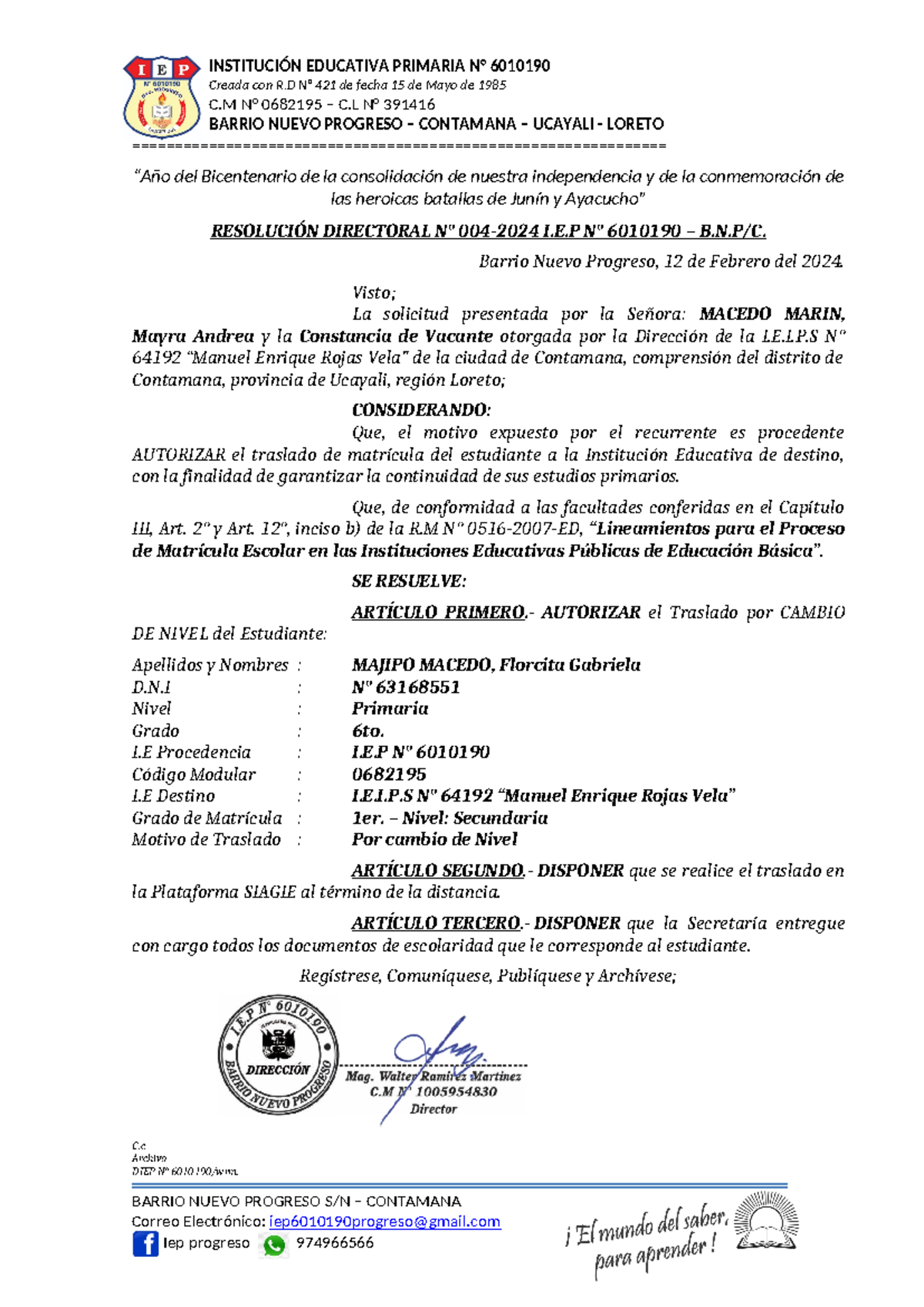 Resolución Directorial de Traslado N° 004-2024 I.E.P 6010190 - Document Preview