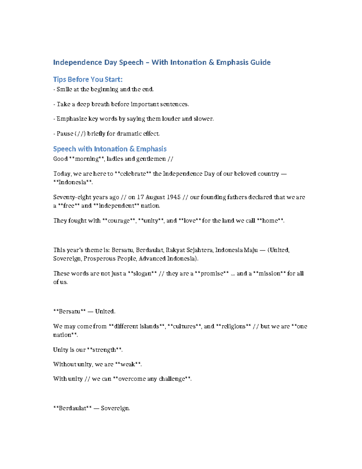 Independence Day Speech: Intonation & Emphasis Tips - Studocu