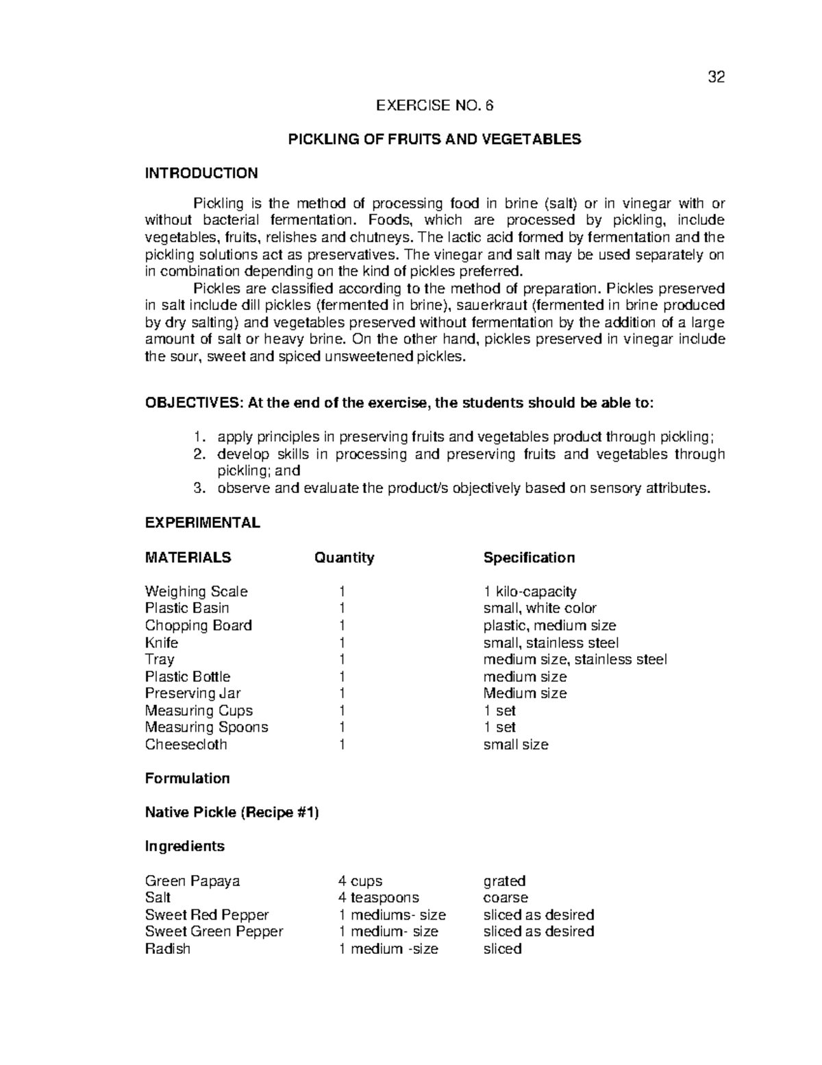 Lab Ex. 6 - Techniques in Pickling and Fermentation of Vegetables - Studocu