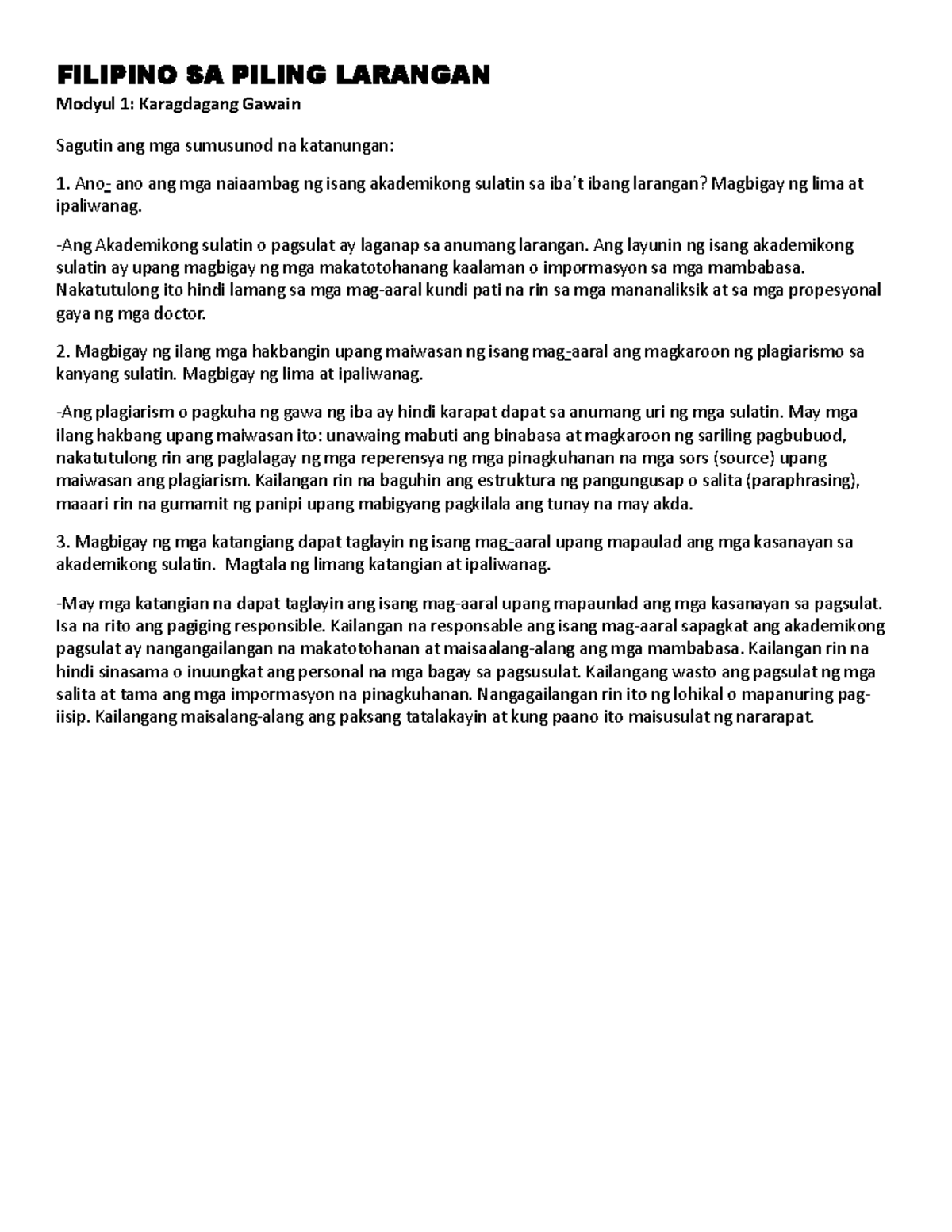 Modyul 1 - Essay about module 1 of Piling Larang - FILIPINO SA PILING ...