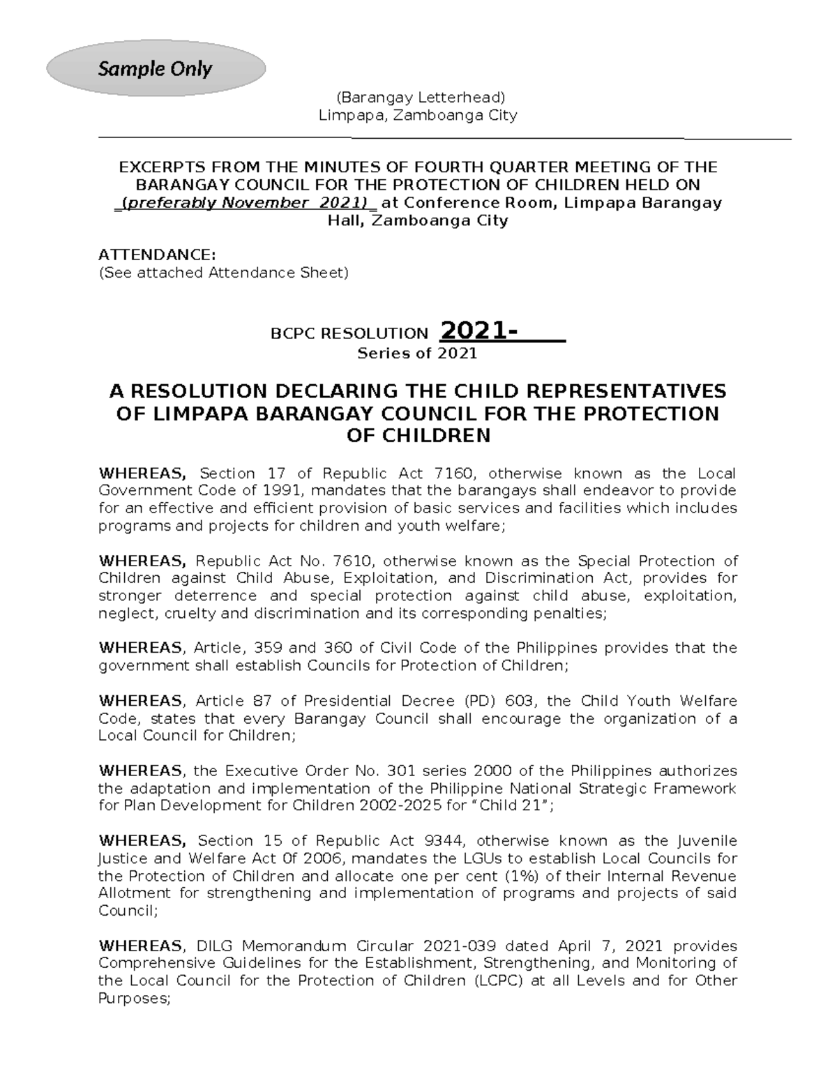 BCPC Resolution 2021: Child Representatives Declaration Meeting Minutes ...