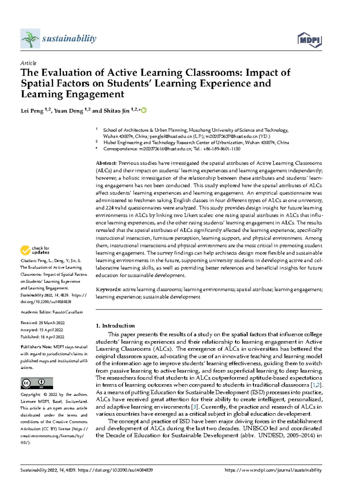 SUST 2022: Evaluating Active Learning Classrooms' Spatial Impact on ...