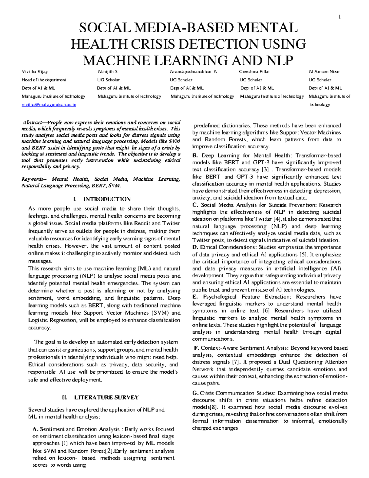 SOCIAL MENTAL HEALTH CRISIS DETECTION USING ML & NLP - Mini Project ...