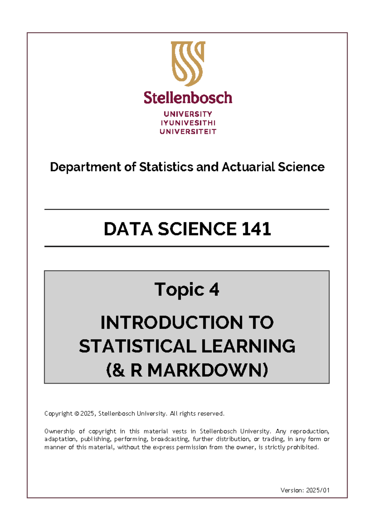 DS141 – Topic 4: Intro to Statistical Learning & R Markdown Notes - Studocu
