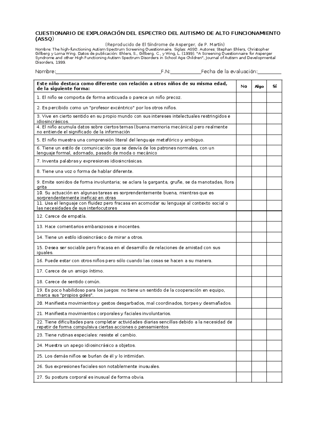Cuestionario ASSQ para el Espectro del Autismo de Alto Funcionamiento ...