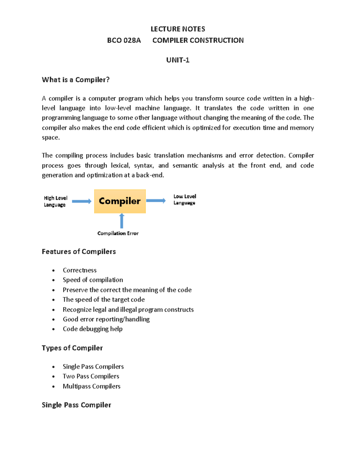Cc1 - LECTURE NOTES BCO 028A COMPILER CONSTRUCTION UNIT- What is a ...