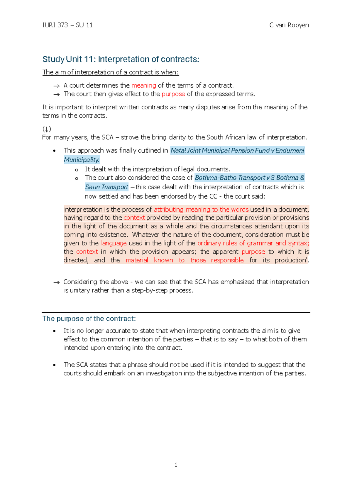 IURI 373 SU 11 C van Rooyen Study Unit 11: Contract Interpretation ...