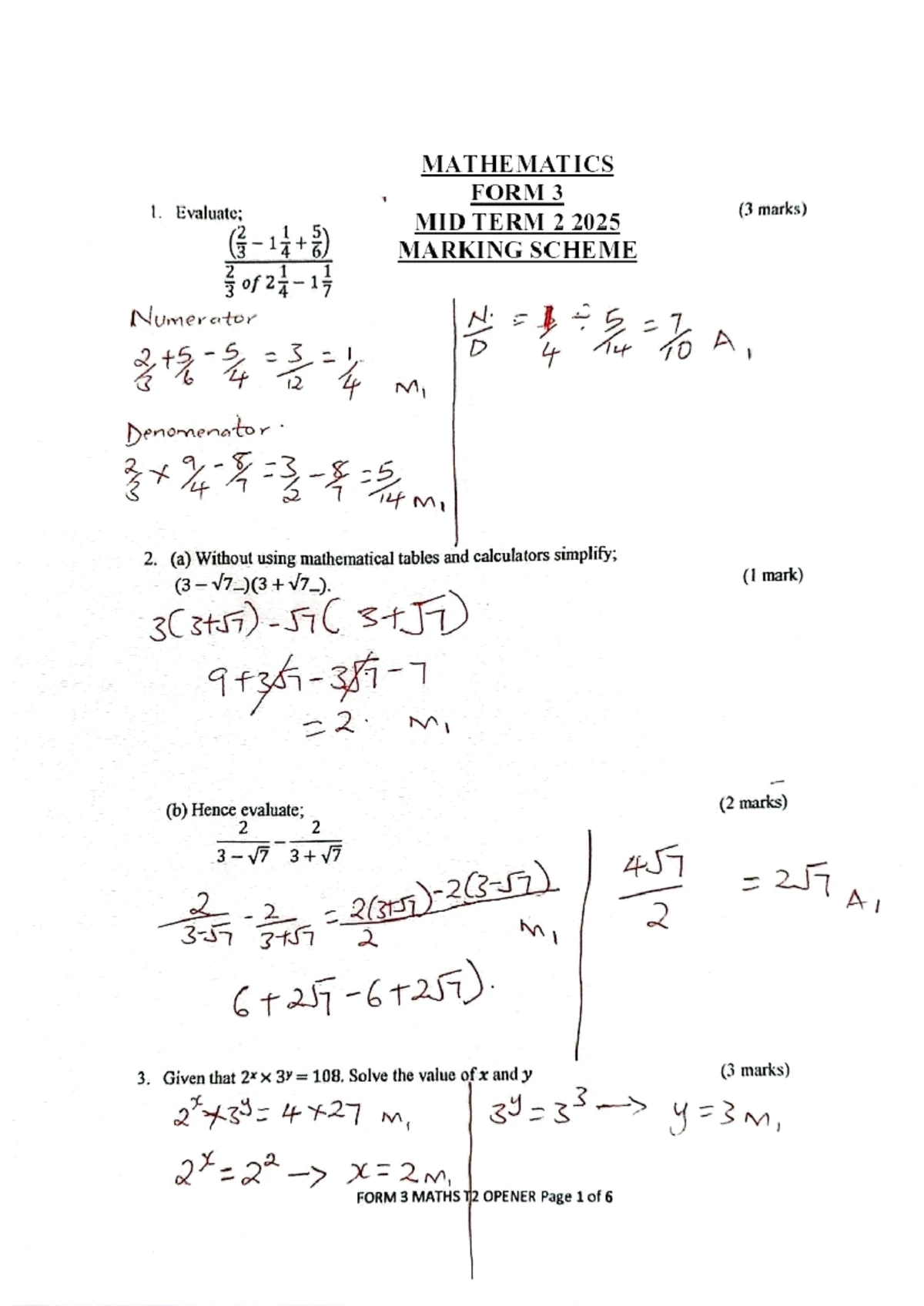 Form 3 Mathematics - Marking Scheme (50 Marks) - Studocu