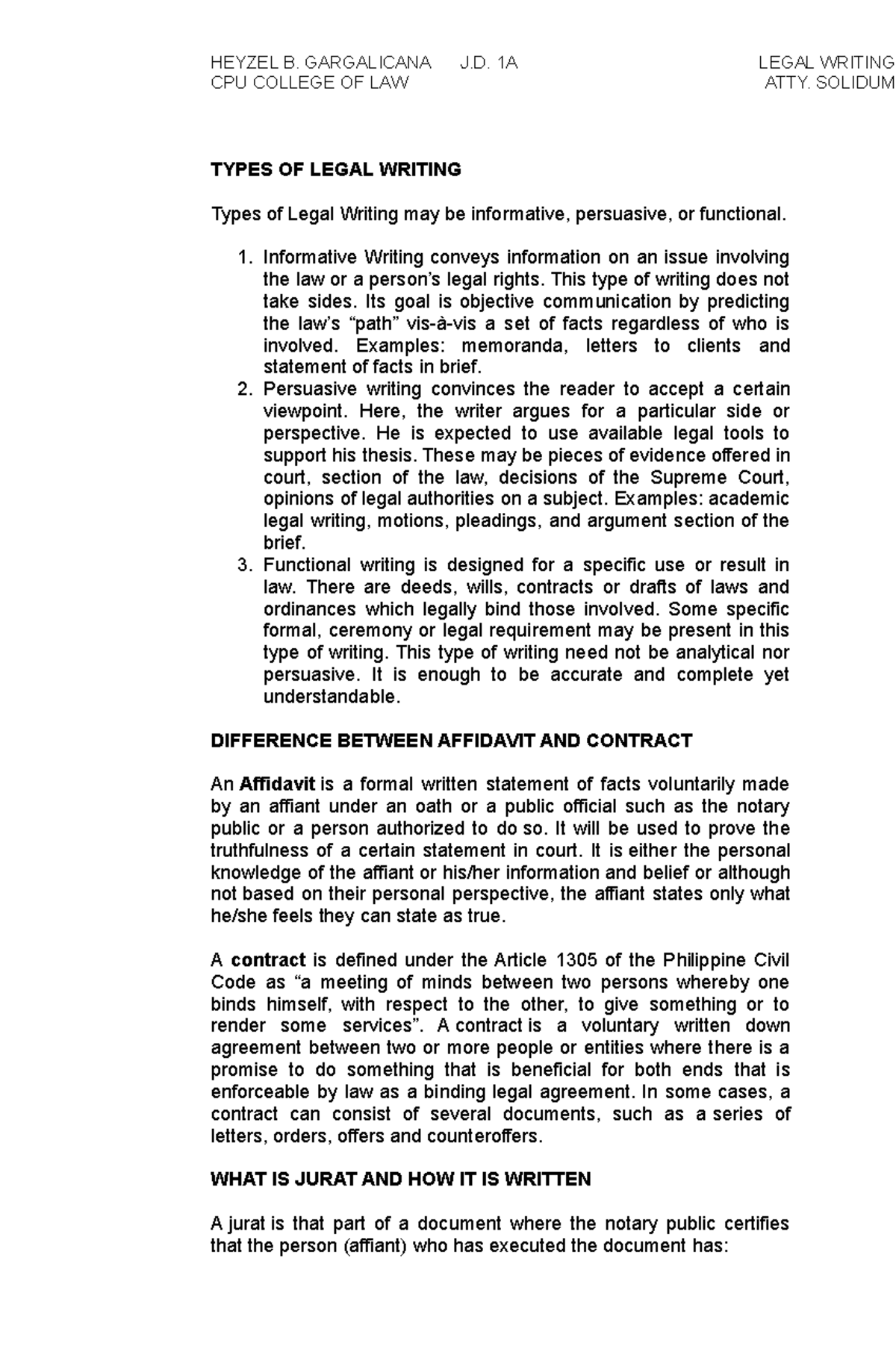 J.D. 1A Legal Writing: Types and Functions of Legal Writing - Studocu