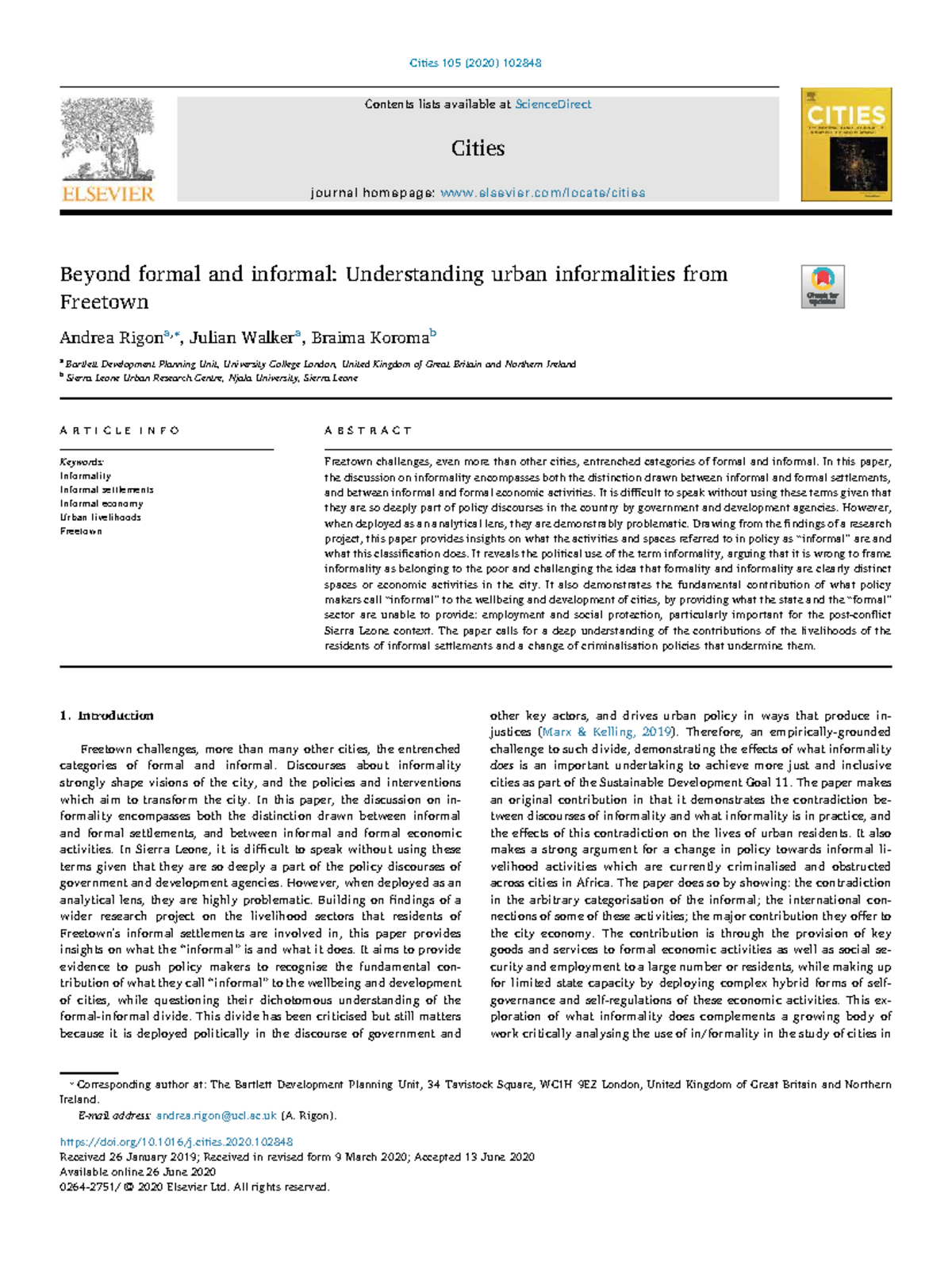 Understanding Urban Informalities: Insights from Freetown (Cities 105 ...