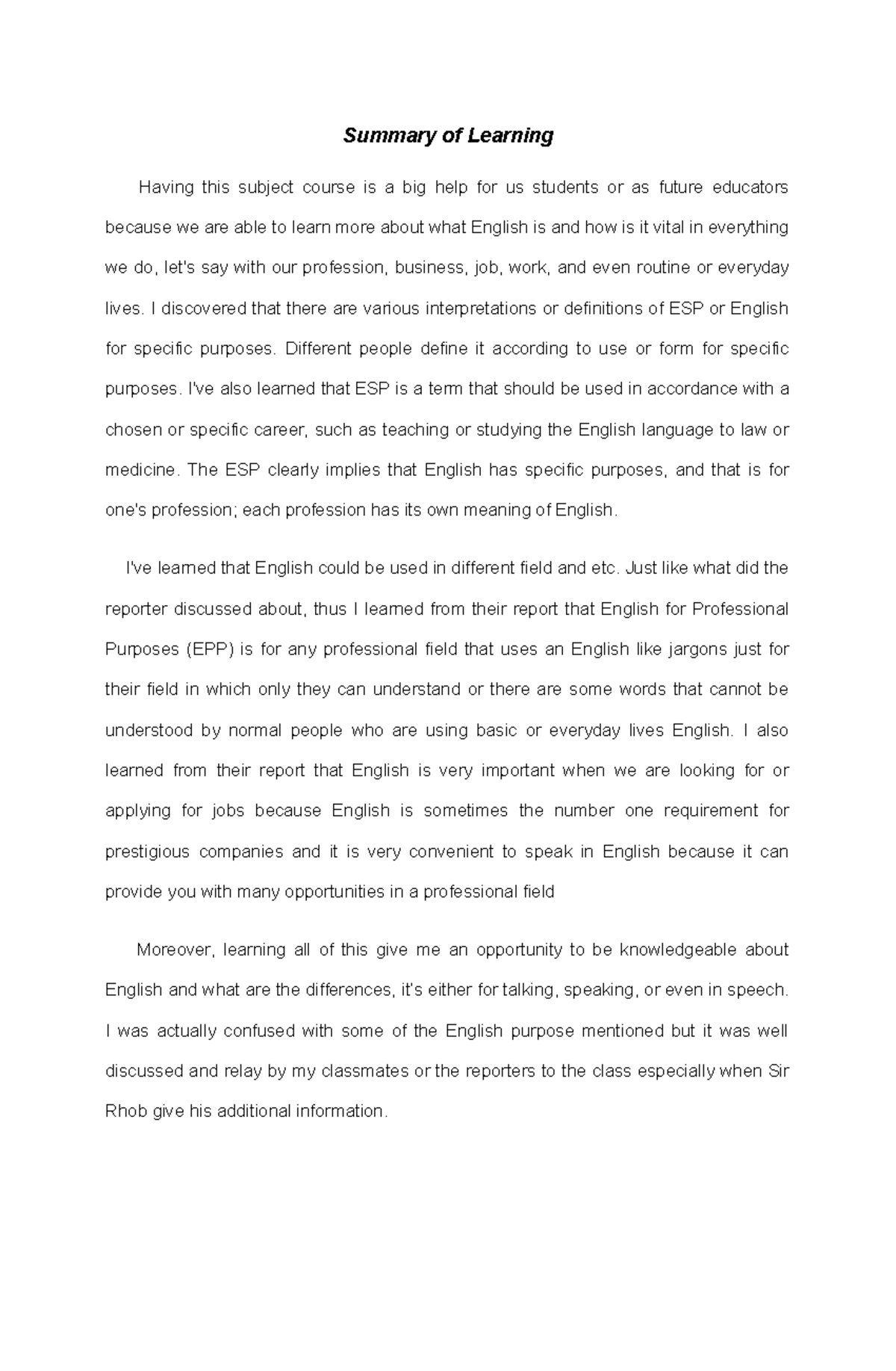 ELEC2-DOC - SDWEFERGRG - Summary of Learning Having this subject course ...