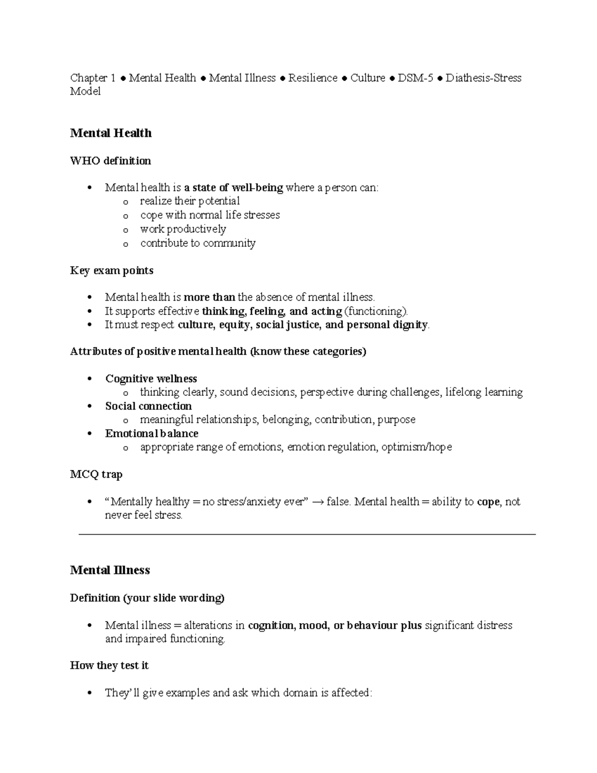 Test #1 - Detailed Study Notes on Mental Health Concepts and Care - Studocu