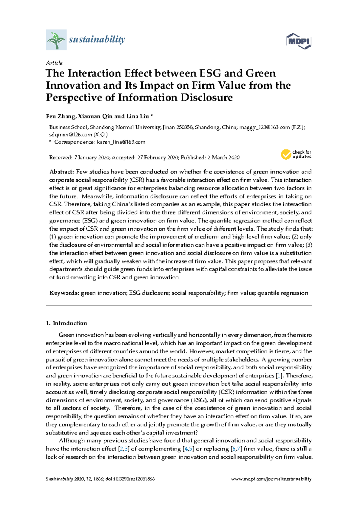 Sustainability 2020: The Interaction of ESG, Green Innovation, and Firm ...
