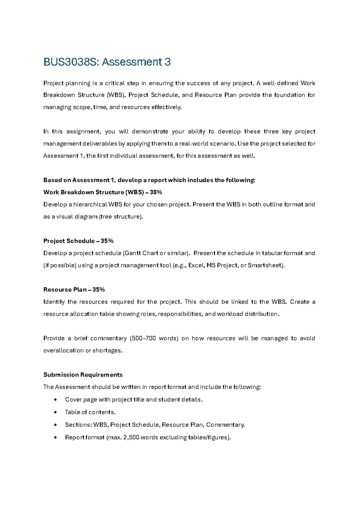 BUS3038S: Assessment 3 - Project Planning & WBS Report - Studocu