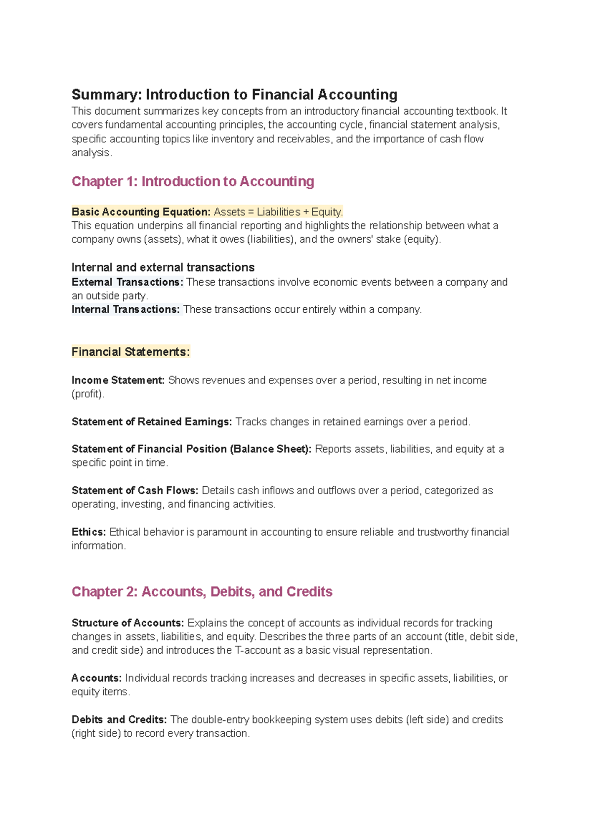 Financial Accounting Summary: Key Concepts & Principles (ACCT 101 ...