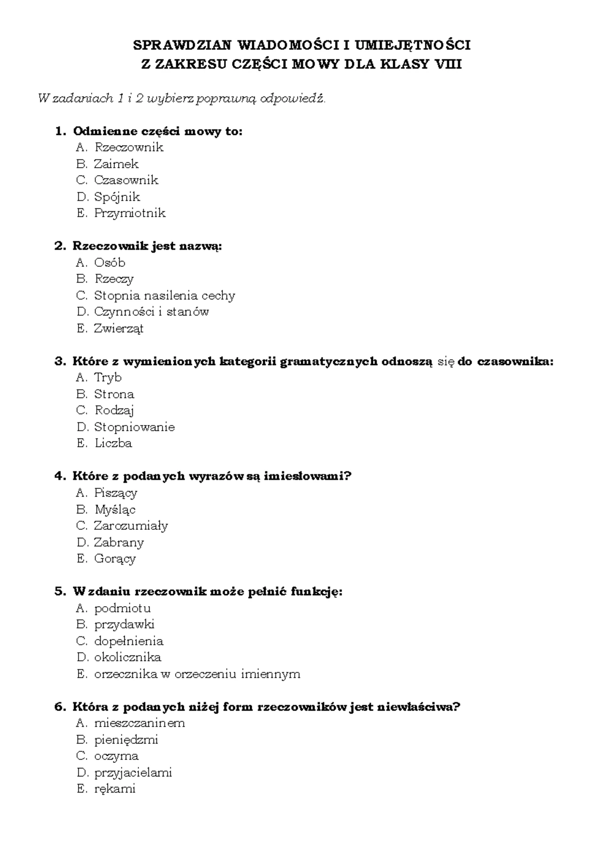 Sprawdzian Zj Polskiego Kl 4 Części Mowy www.studocu.com