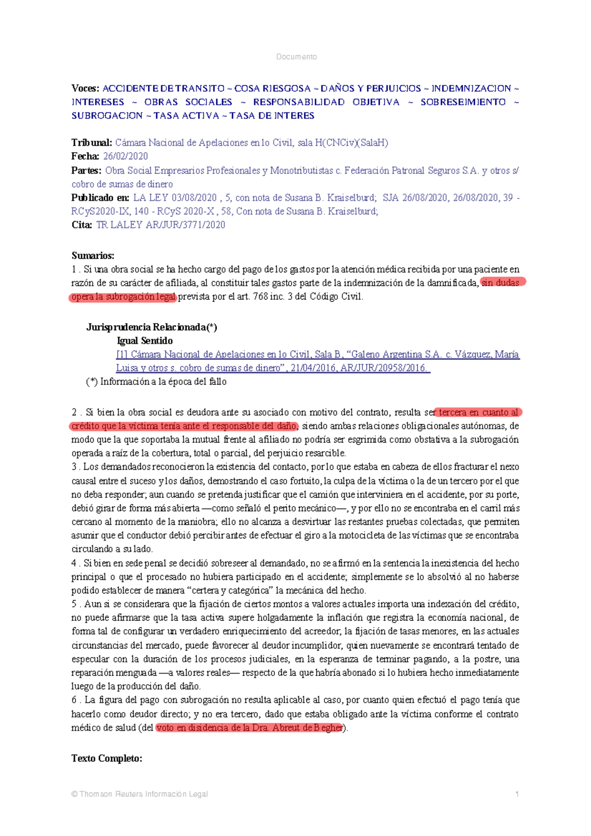 CNCiv Sala H: Análisis de Responsabilidad y Subrogación en Accidentes ...