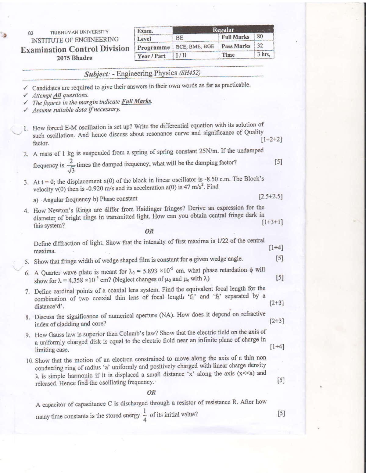 Engineering Physics Past Exam Questions (SH452) - Studocu