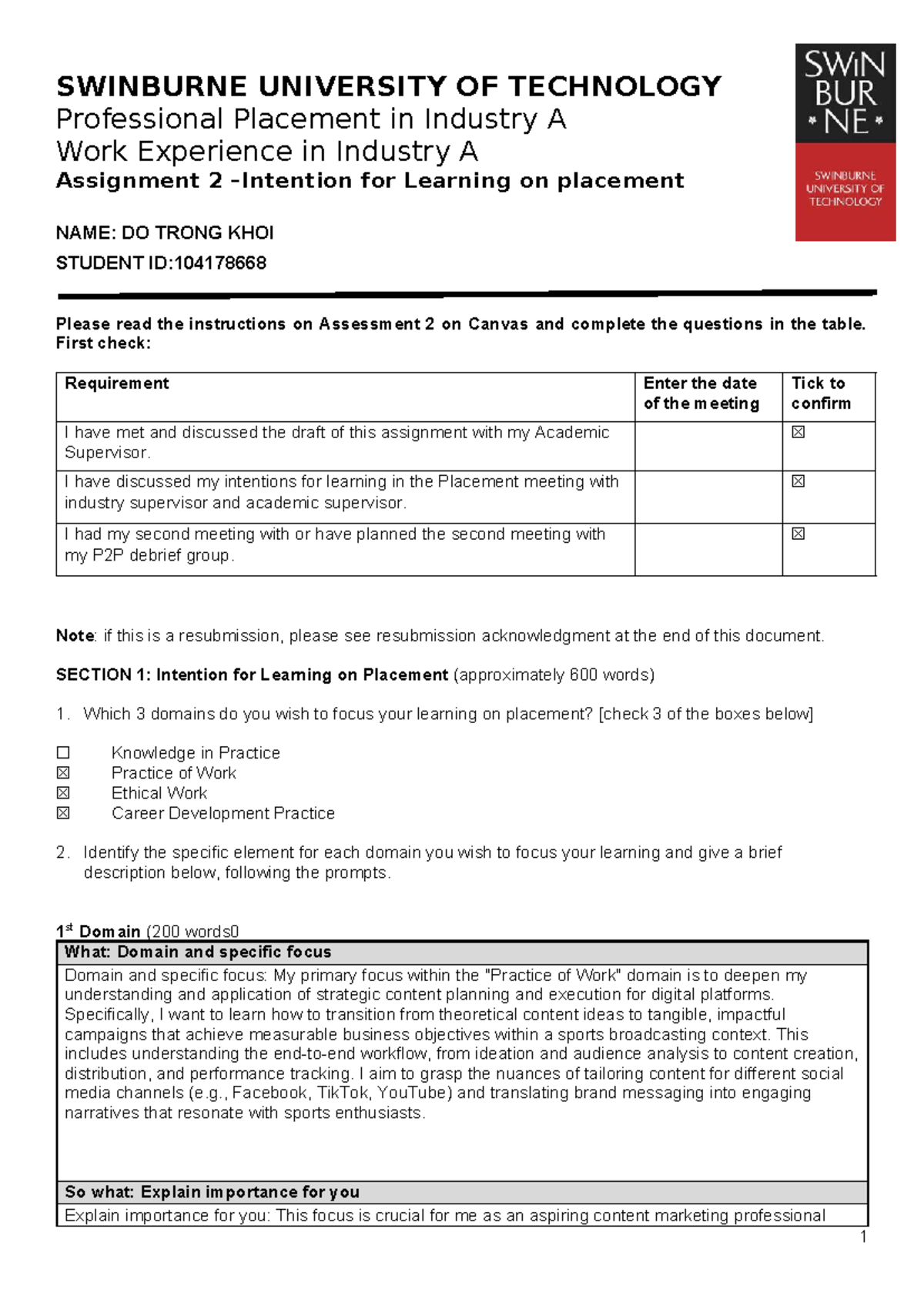 A2 S1 IPPA WEIA: Professional Placement Learning Intentions & Actions ...