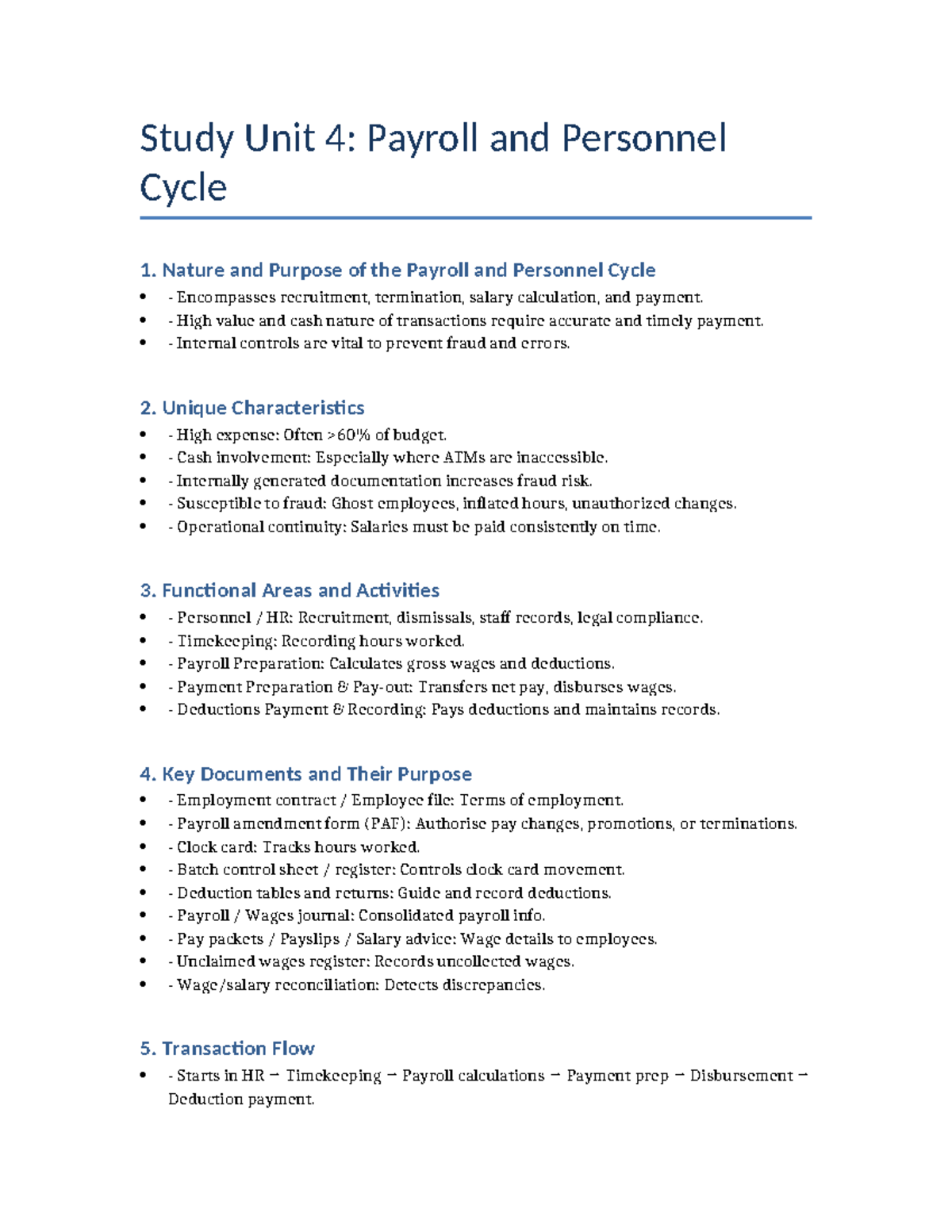 Payroll and Personnel Cycle Study Notes - Study Unit 4: Payroll and ...