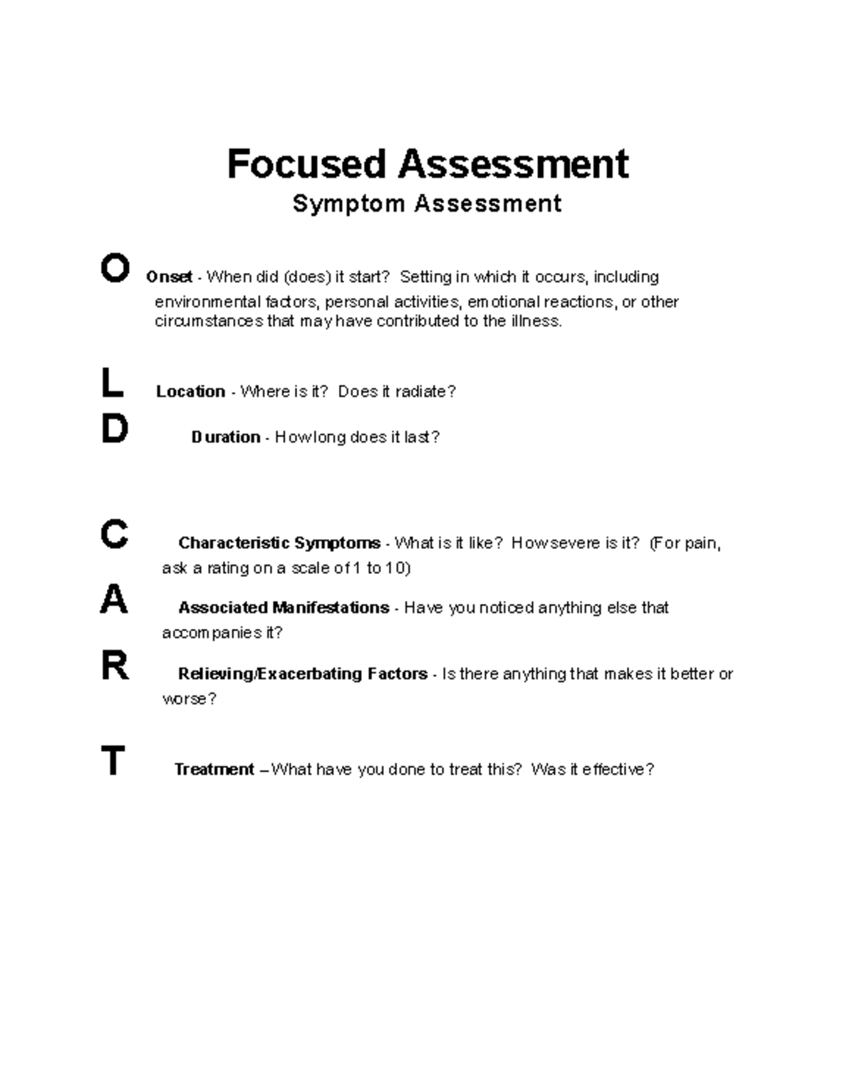 Oldcart Focused Assessment - Focused Assessment Symptom Assessment O ...