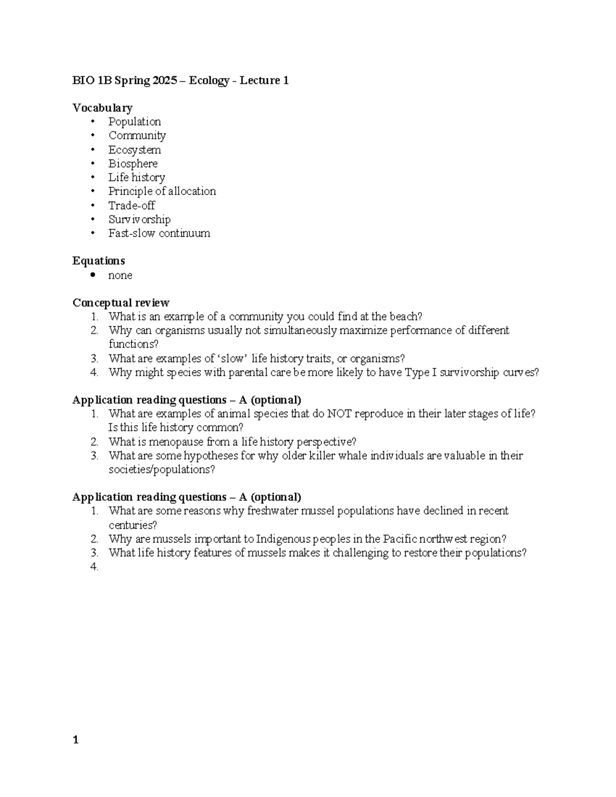 BIO 1B Spring 2025 - Ecology Lecture 1: Concepts and Questions - BIO 1B ...