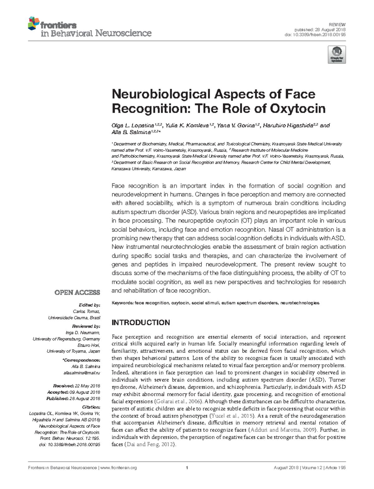 Face Recognition, Social Perception - REVIEW published: 28 August 2018 ...