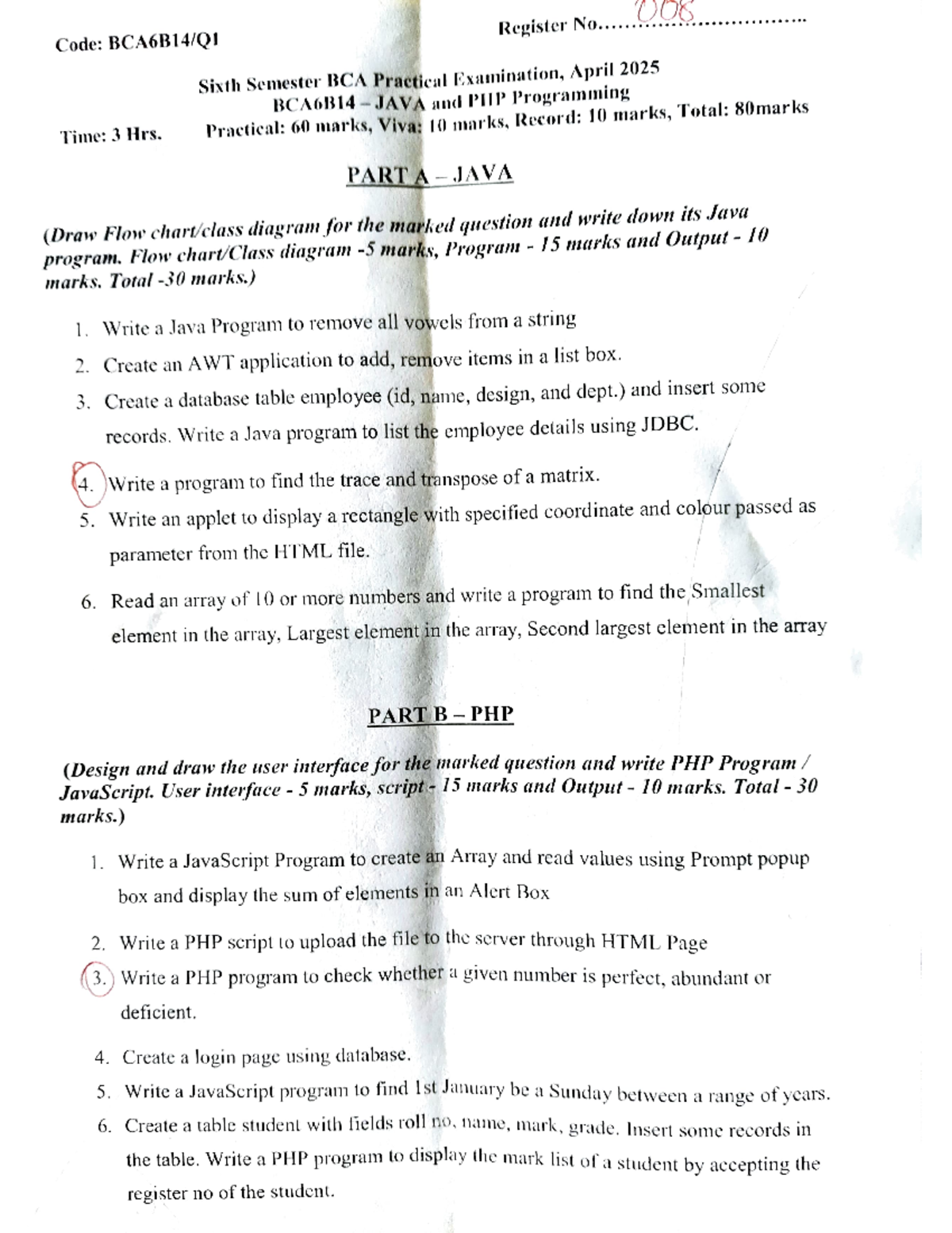 Java and PHP lab exam question paper - Code: BCA6B14/QI Time: 3 Hrs ...