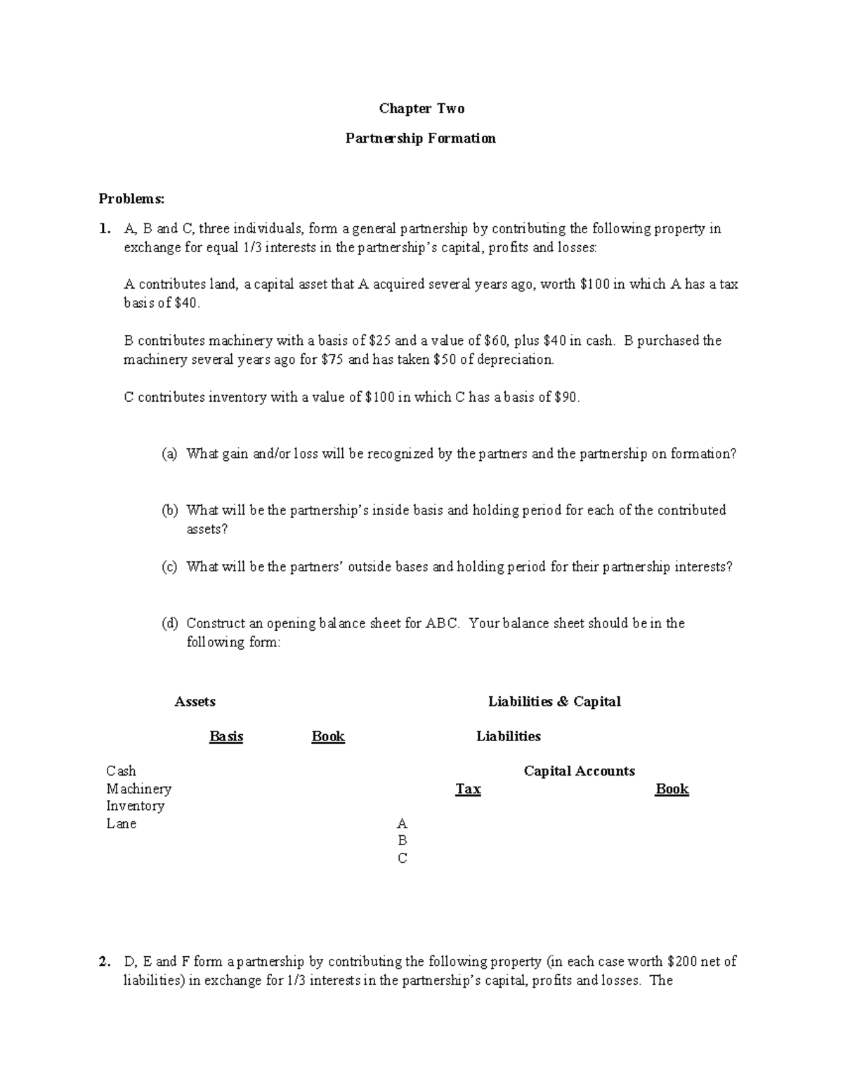 Chapter 2 Homework: Partnership Formation Issues and Analysis - Studocu
