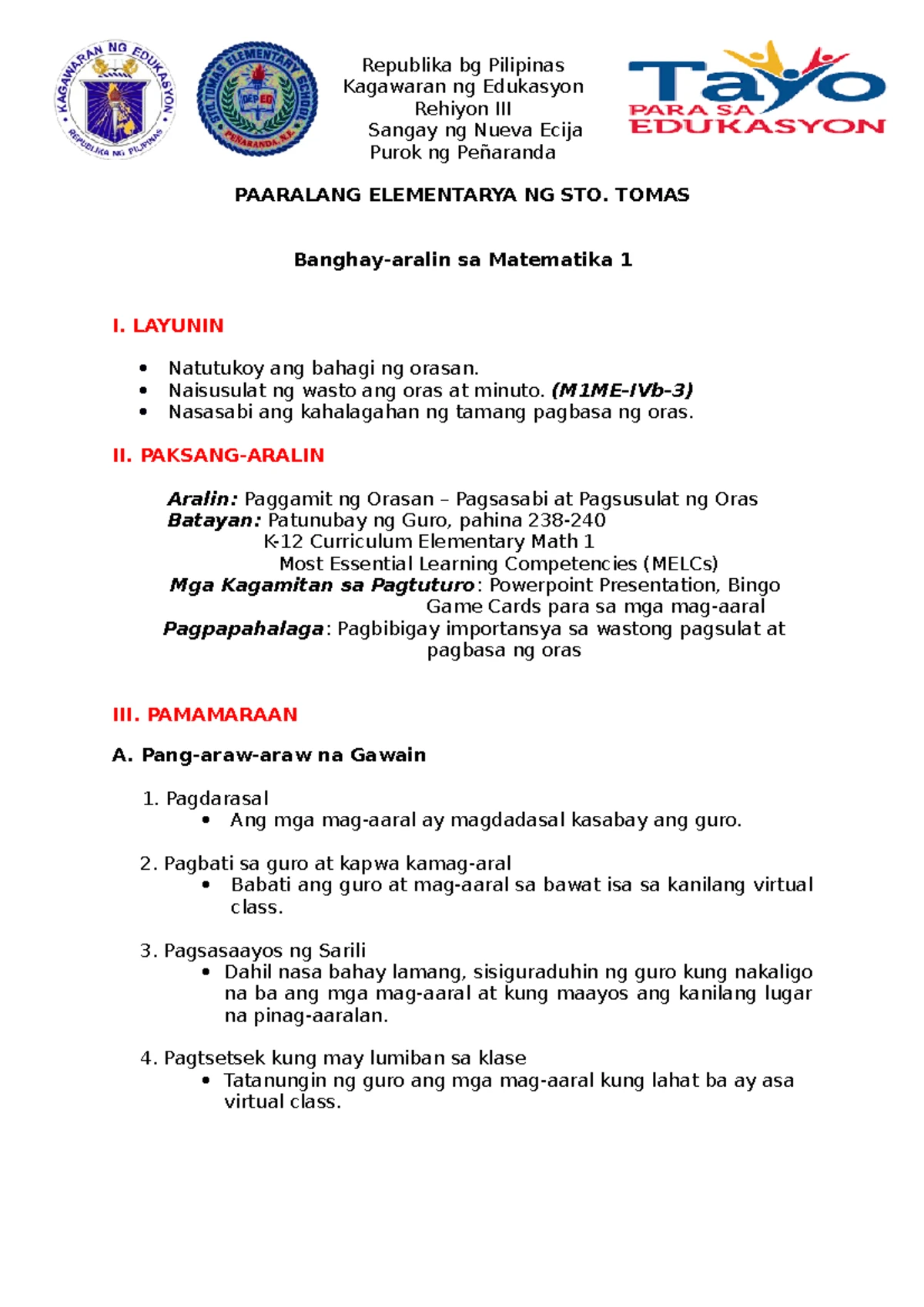 Grade 2- TIME - LESSON PLAN - Cabanatuan City, Nueva Ecija, Philippines ...