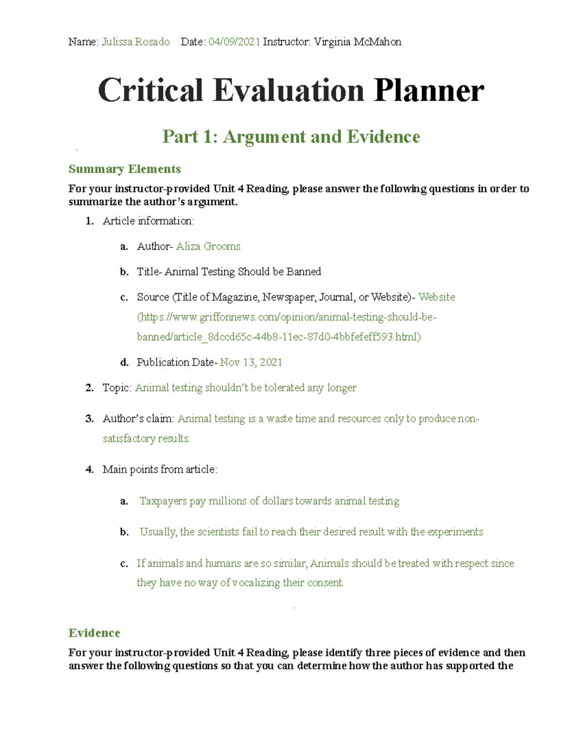 Critical Evaluation Planner Part 1 - ENG 101 by Julissa Rosado - Studocu