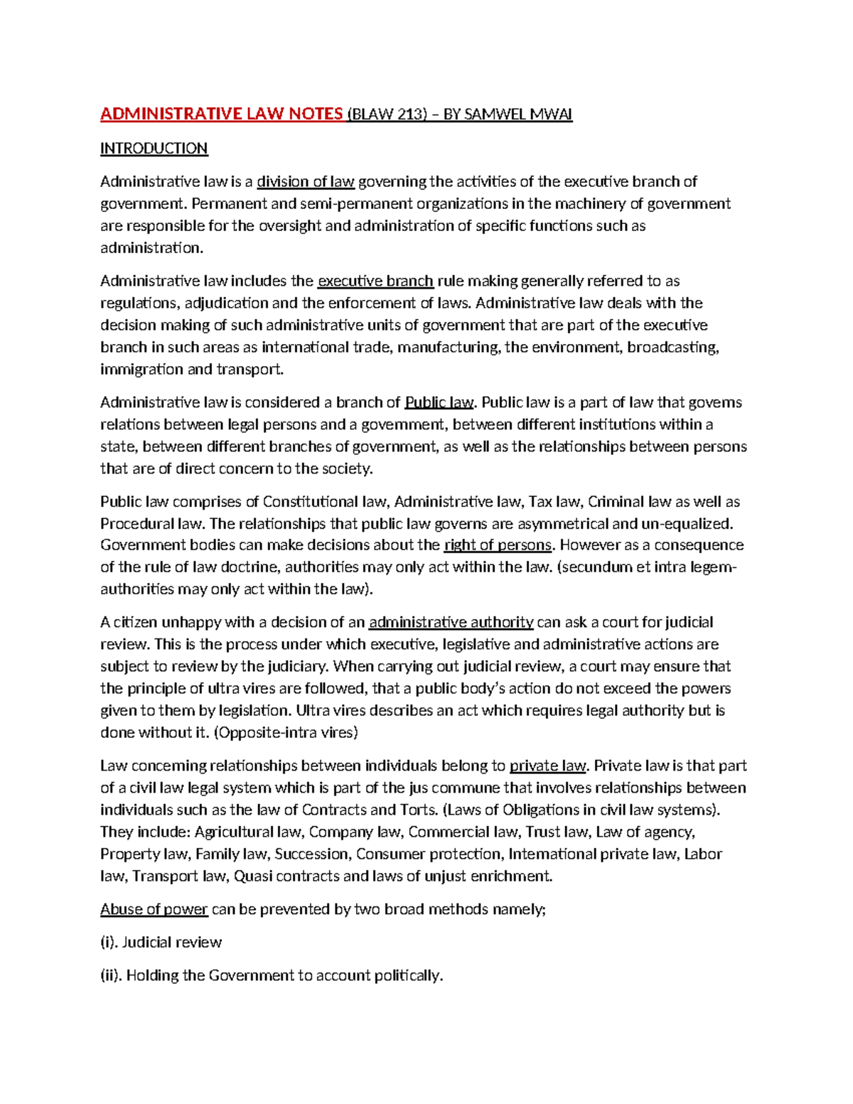 BLAW 213 Administrative Law Lecture Notes by Samwel Mwai - Studocu