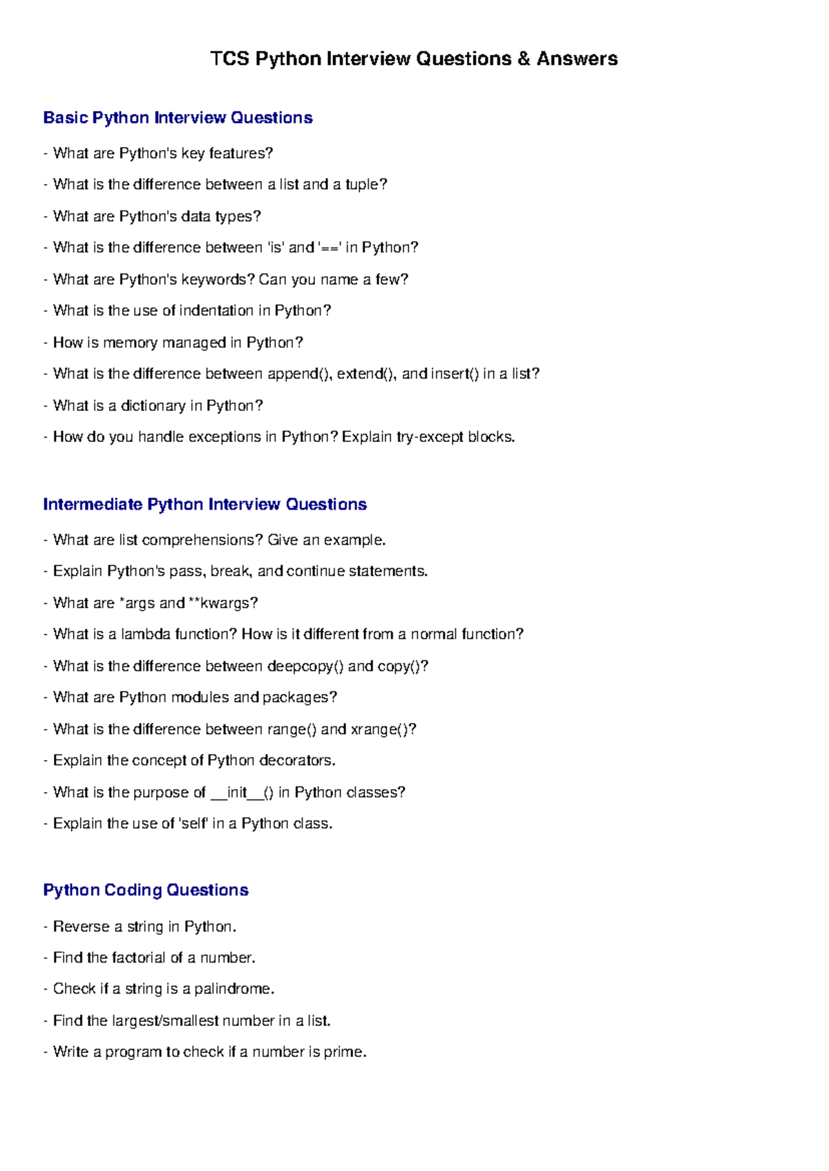 TCS Python Interview Questions & Answers: Basics to Advanced - Studocu