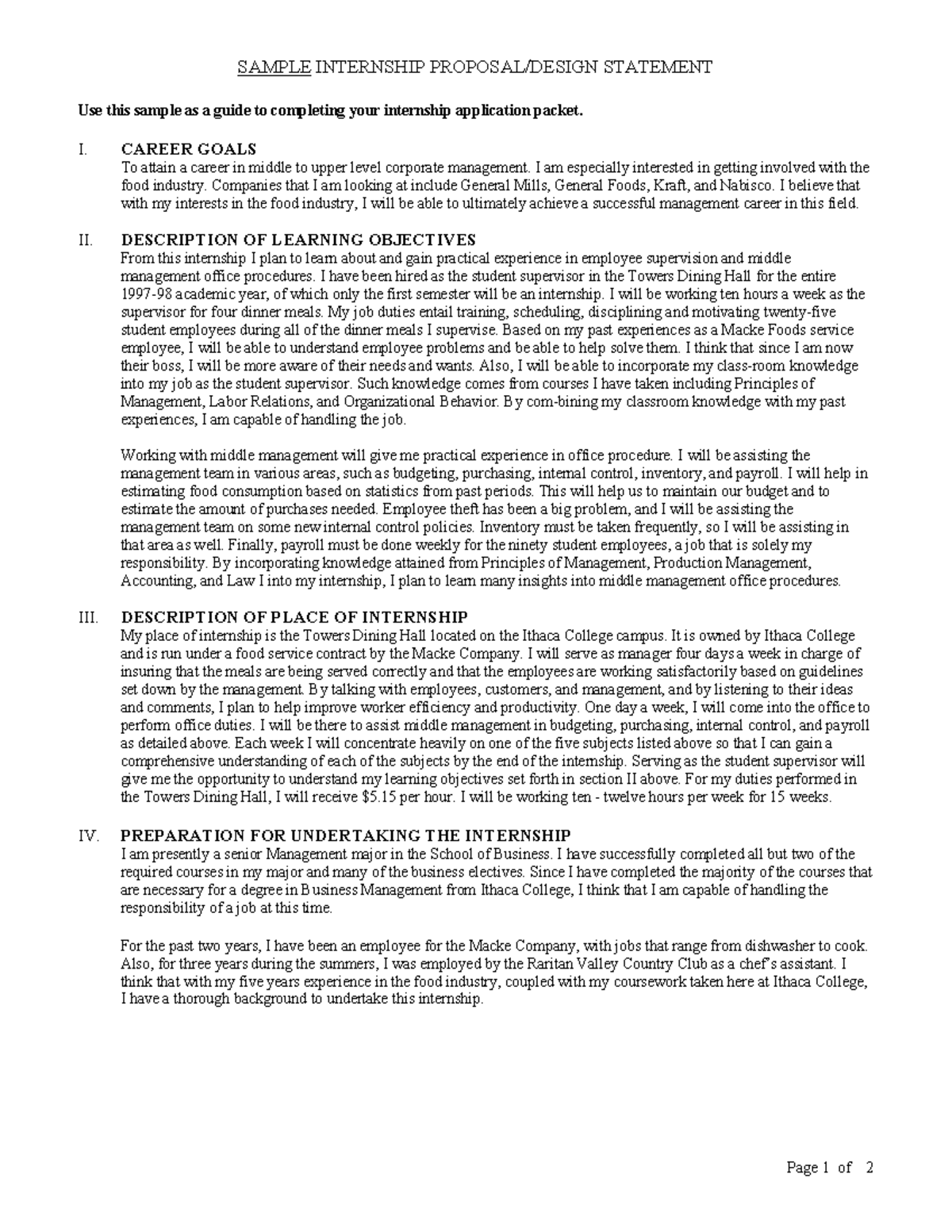 Sample Internship Proposal Template - Page 1 of 2 SAMPLE INTERNSHIP ...