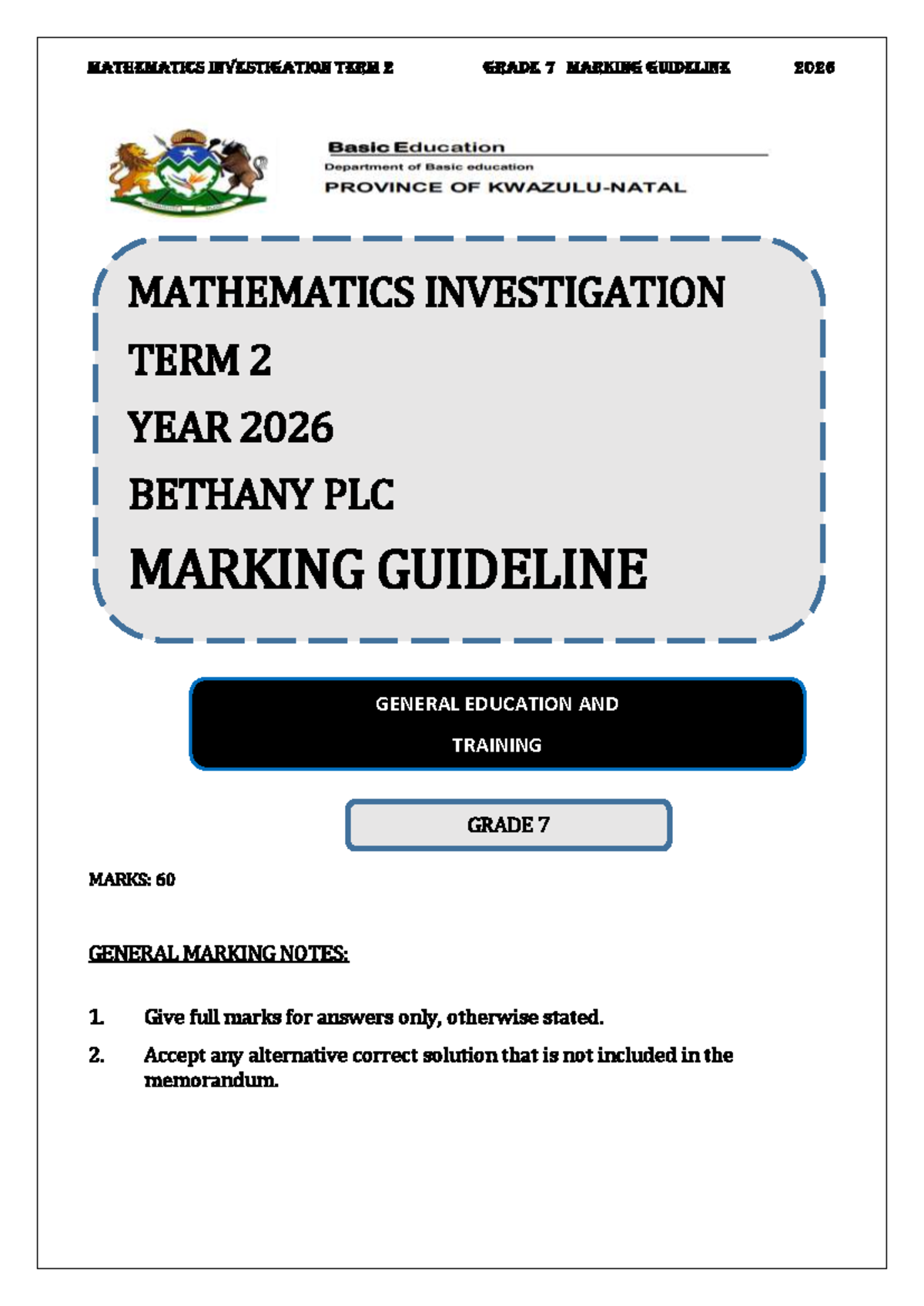 MATHEMATICS INVESTIGATION TERM 2 GRADE 7 MARKING GUIDELINE 2026 - Studocu