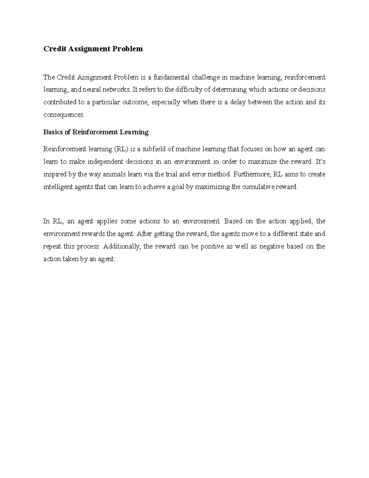 Credit Assignment Problem in Reinforcement Learning - Studocu