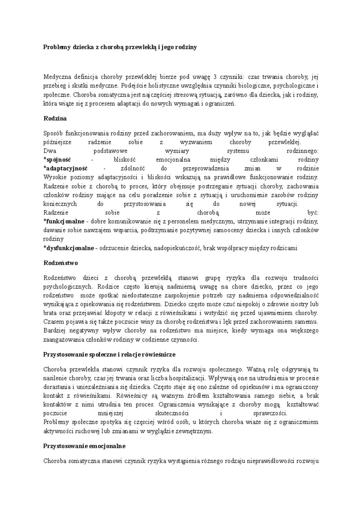 Problemy emocjonalne dzieci z chorobą przewlekłą i ich rodziną - Studocu