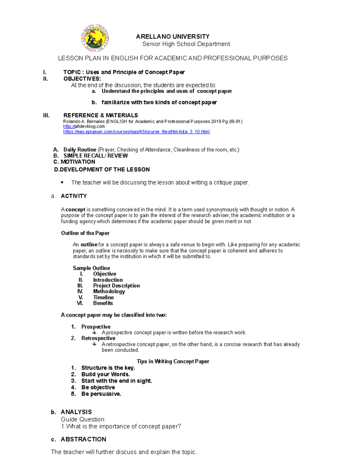 L10 English for Aca & Prof Purposes: Concept Paper Lesson Plan - Studocu