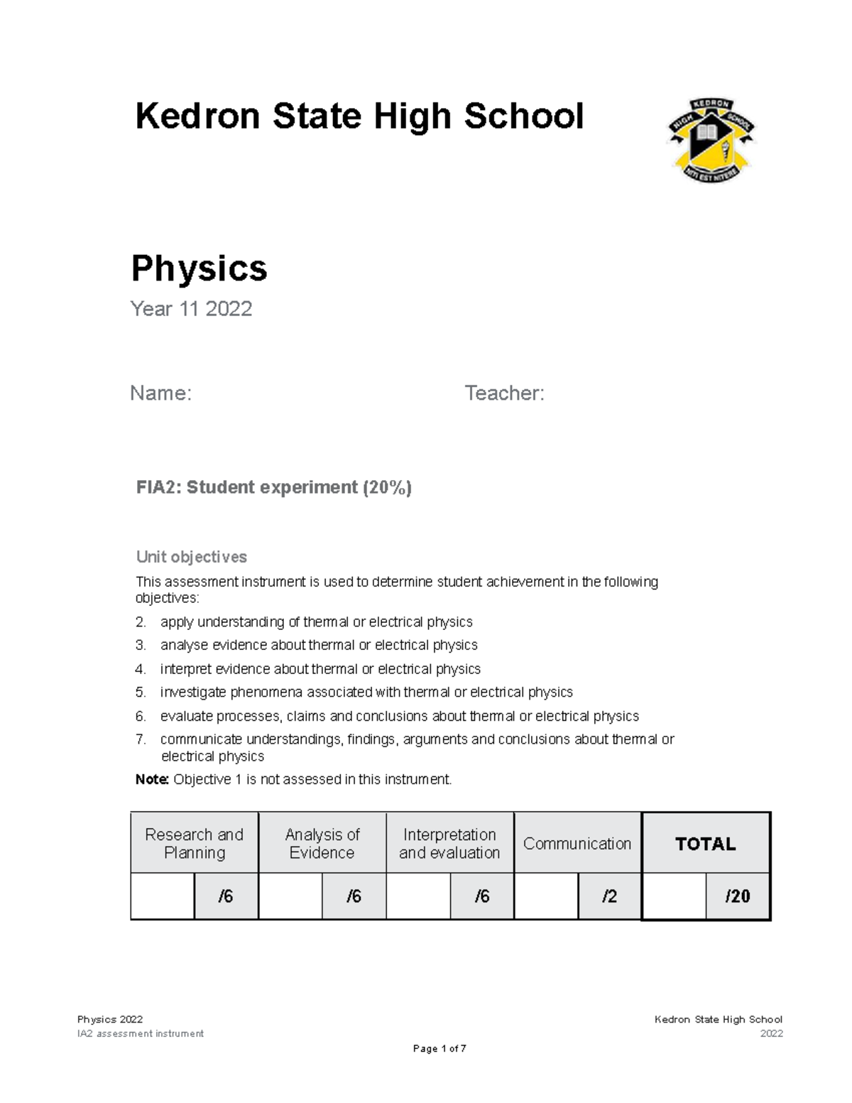 Physics FIA2 Student Experiment Task Sheet - Year 11 2022 - Studocu