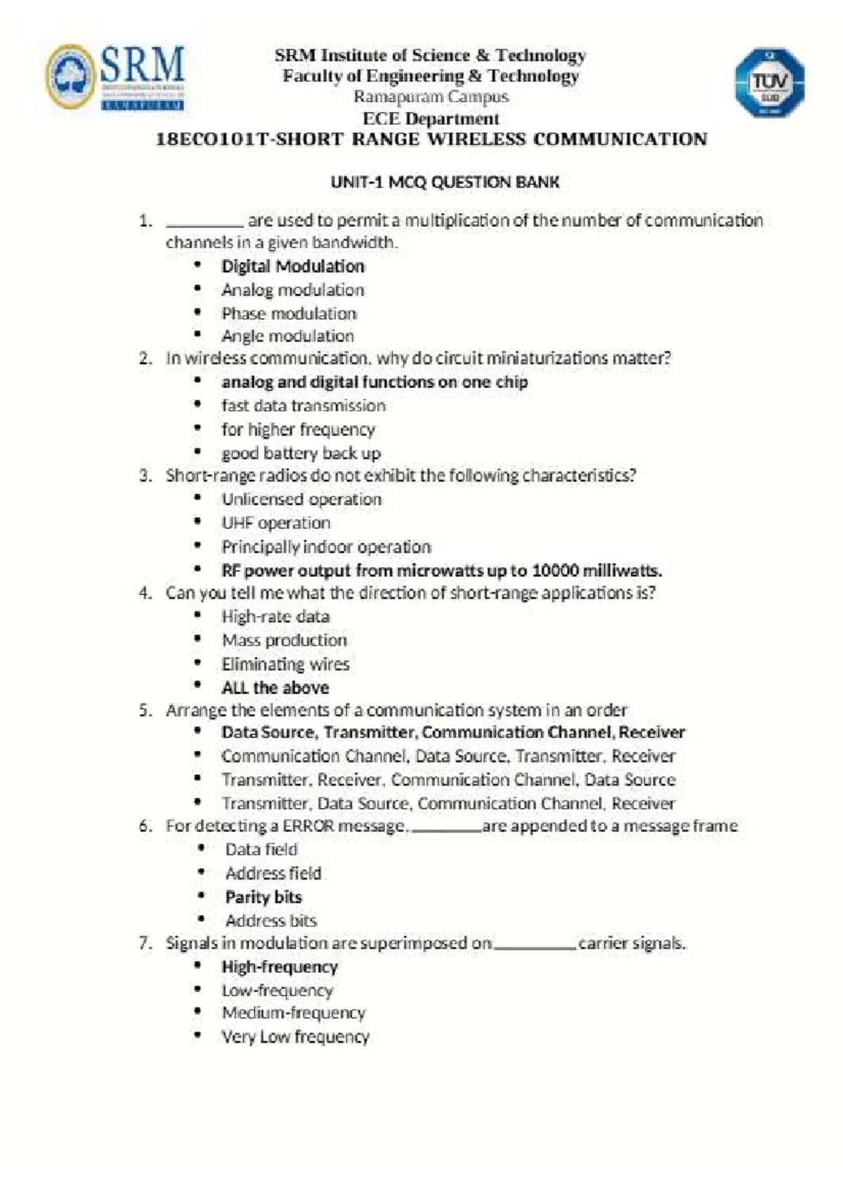 SRM ECE RANGE WIRELESS COMMUNICATION MCQ QUESTION BANK - UNIT 1 - Studocu
