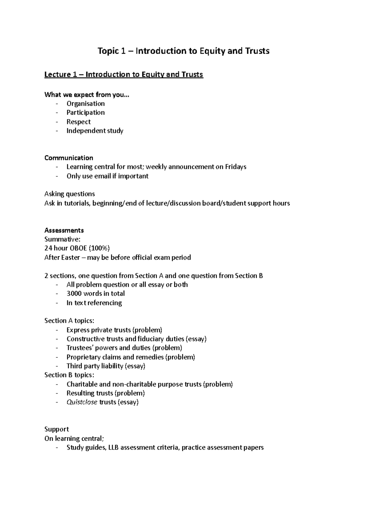 Equity and Trusts Lecture Notes - Introductory Overview and Structure ...
