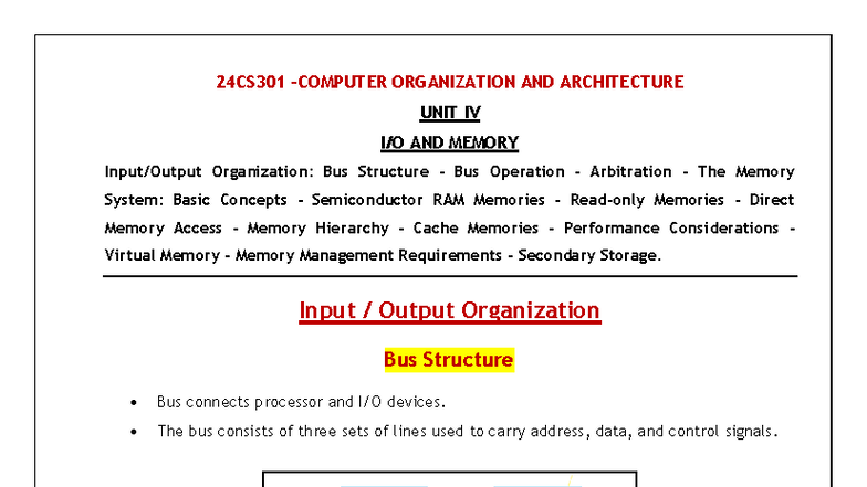 24CS301 COA UNIT IV: Memory & Bus Organization Notes - Studocu