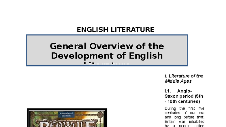 ENGLISH LITERATURE General Overview: Development from Middle Ages to ...